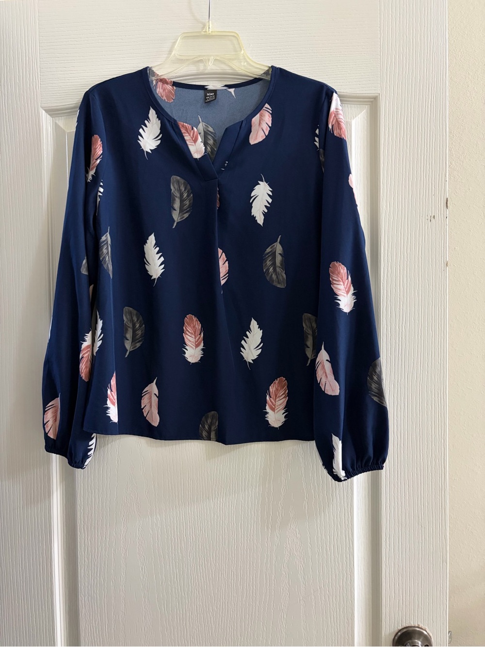 SHEIN Navy Feather-Print Long Sleeve Blouse